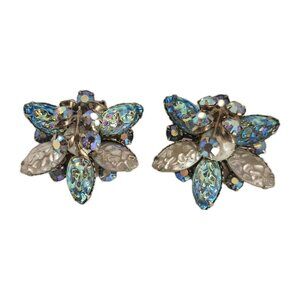 Cathe Rhinestone & Pearl Cluster Earrings Vintage AB Teal White 1.25"